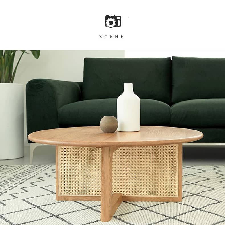 Round Oak Wood Coffee Table  with Rattan Accents - Timeless Elegance for Your Livingroom tzm-527