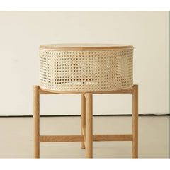 Stylish Round Oak wood End Table with Rattan Top - Modern Design for All Your Rooms tzm-528