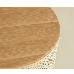 Stylish Round Oak wood End Table with Rattan Top - Modern Design for All Your Rooms tzm-528