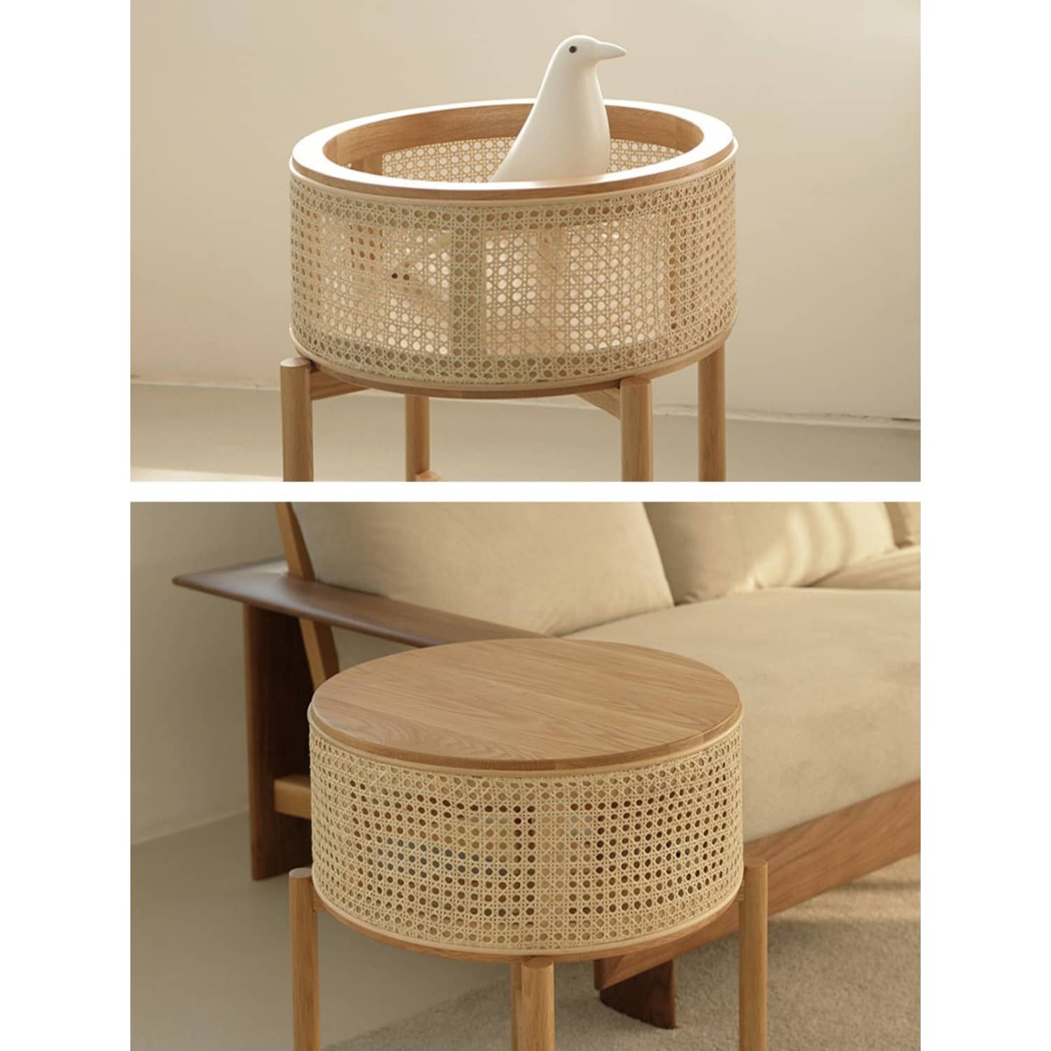 Stylish Round Oak wood End Table with Rattan Top - Modern Design for All Your Rooms tzm-528