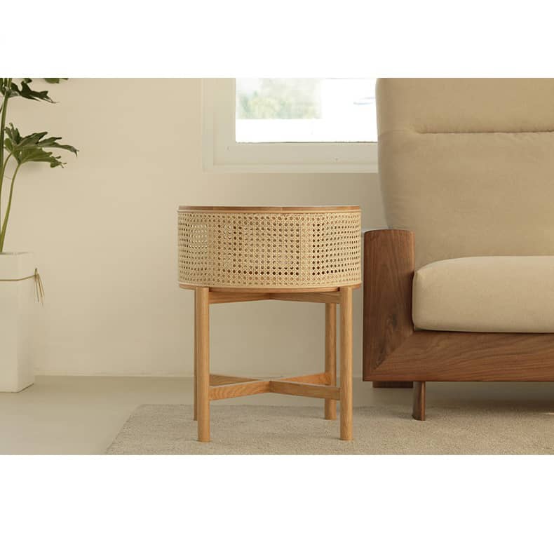 Stylish Round Oak wood End Table with Rattan Top - Modern Design for All Your Rooms tzm-528