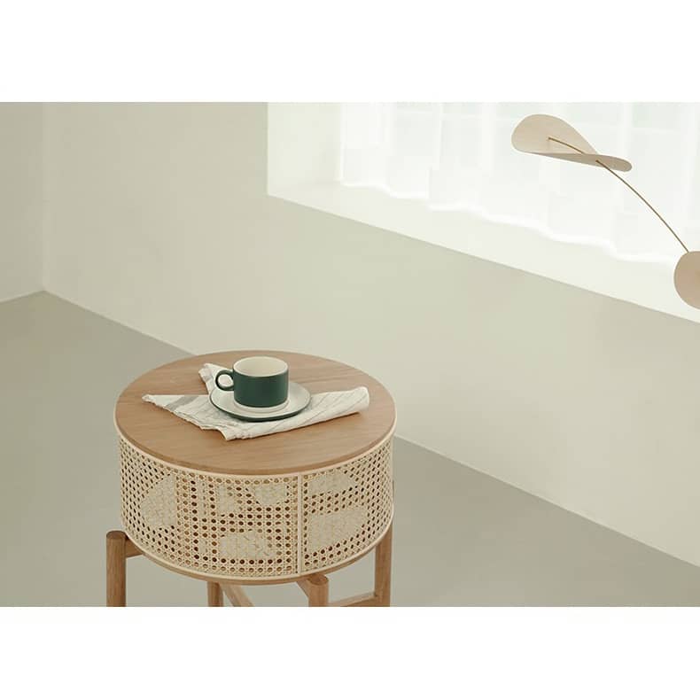 Stylish Round Oak wood End Table with Rattan Top - Modern Design for All Your Rooms tzm-528