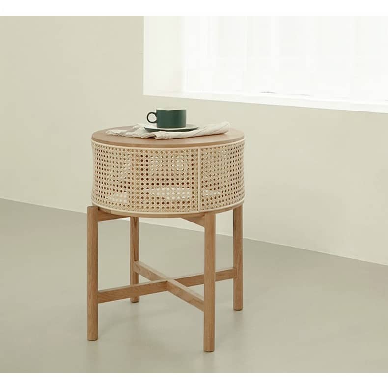 Stylish Round Oak wood End Table with Rattan Top - Modern Design for All Your Rooms tzm-528