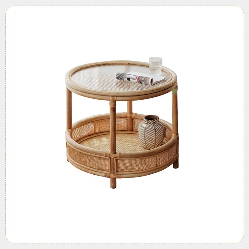 Natural Wood End Table  with Rattan Accents and Glass Top – Elegant and Durable tzm-529