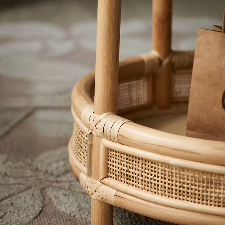 Natural Wood End Table  with Rattan Accents and Glass Top – Elegant and Durable tzm-529