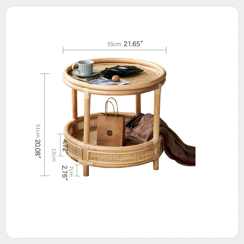 Natural Wood End Table  with Rattan Accents and Glass Top – Elegant and Durable tzm-529