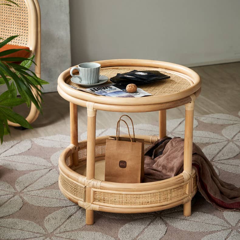 Natural Wood End Table  with Rattan Accents and Glass Top – Elegant and Durable tzm-529