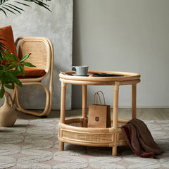 Natural Wood End Table  with Rattan Accents and Glass Top – Elegant and Durable tzm-529