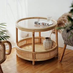 Natural Wood End Table  with Rattan Accents and Glass Top – Elegant and Durable tzm-529