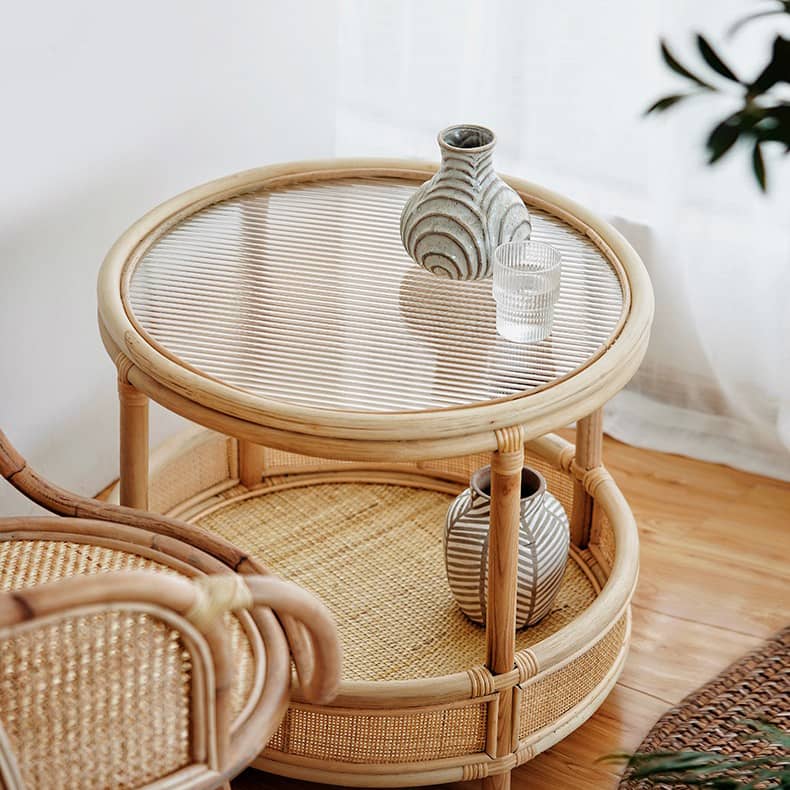 Natural Wood End Table  with Rattan Accents and Glass Top – Elegant and Durable tzm-529