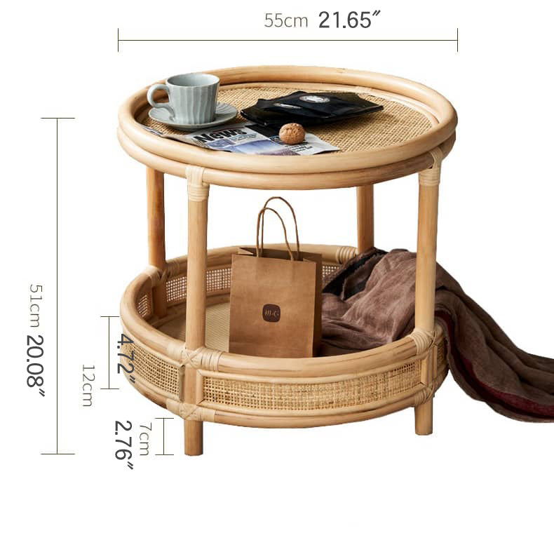 Natural Wood End Table  with Rattan Accents and Glass Top – Elegant and Durable tzm-529