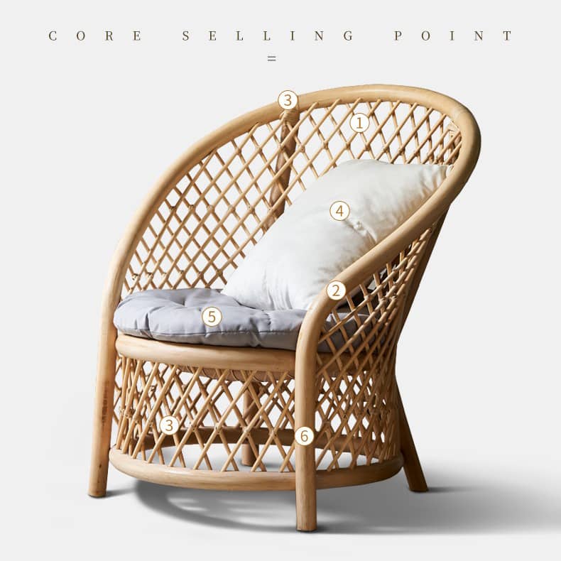 Elegant Rattan Chair with Natural Wood Finish and Plush Cotton-Ramie Cushion tzm-530