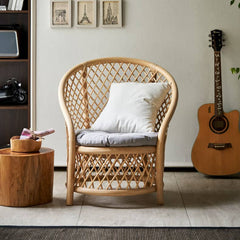 Elegant Rattan Chair with Natural Wood Finish and Plush Cotton-Ramie Cushion tzm-530