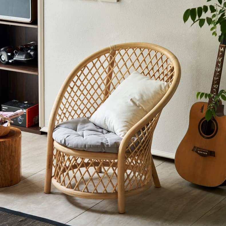 Elegant Rattan Chair with Natural Wood Finish and Plush Cotton-Ramie Cushion tzm-530