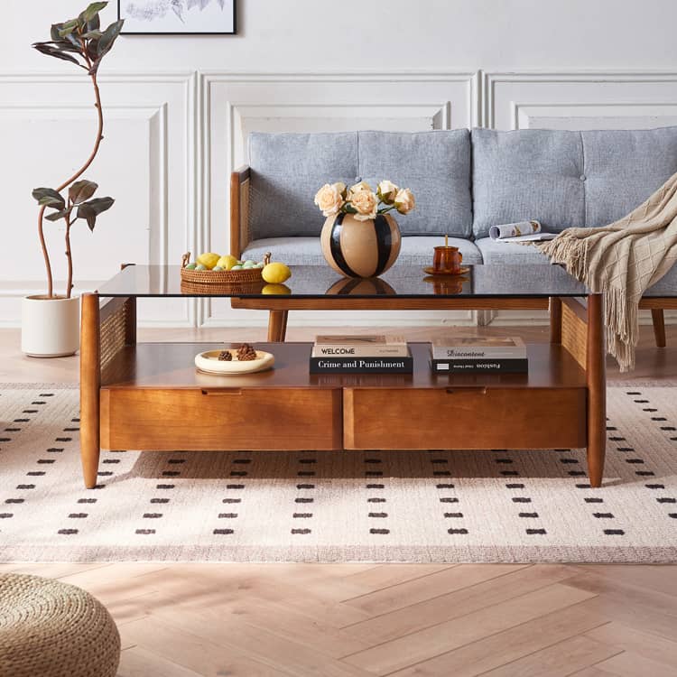 Rectangular Ash Wood Coffee Table with glass top - Drawers for Storage Perfect for LIvingroom tzm-531