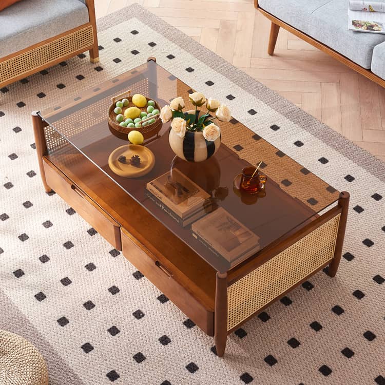 Rectangular Ash Wood Coffee Table with glass top - Drawers for Storage Perfect for LIvingroom tzm-531