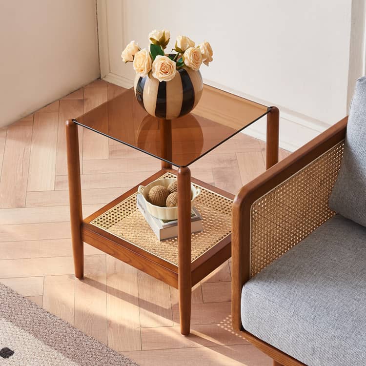 Rectangular Ash Wood Coffee Table with glass top - Drawers for Storage Perfect for LIvingroom tzm-531