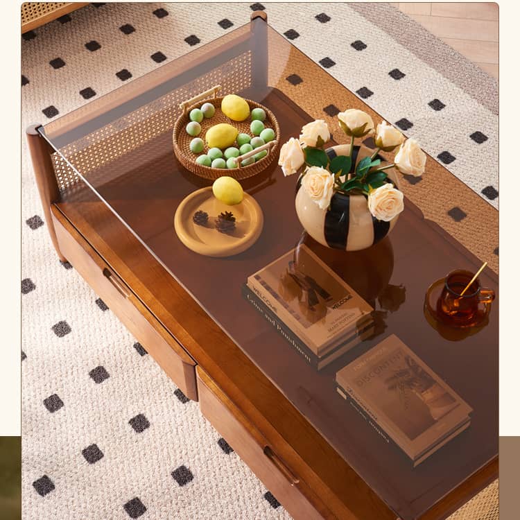 Rectangular Ash Wood Coffee Table with glass top - Drawers for Storage Perfect for LIvingroom tzm-531