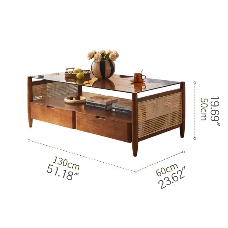 Rectangular Ash Wood Coffee Table with glass top - Drawers for Storage Perfect for LIvingroom tzm-531