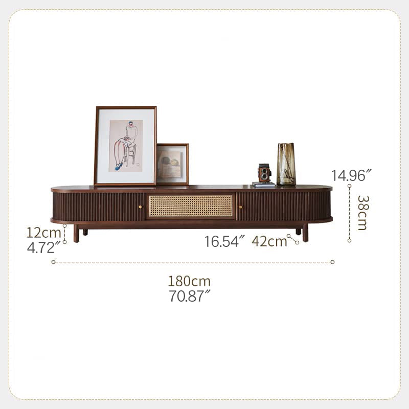 Elegant Dark Brown TV Cabinet with Rattan Panels and Stainless Steel Accents tzm-535