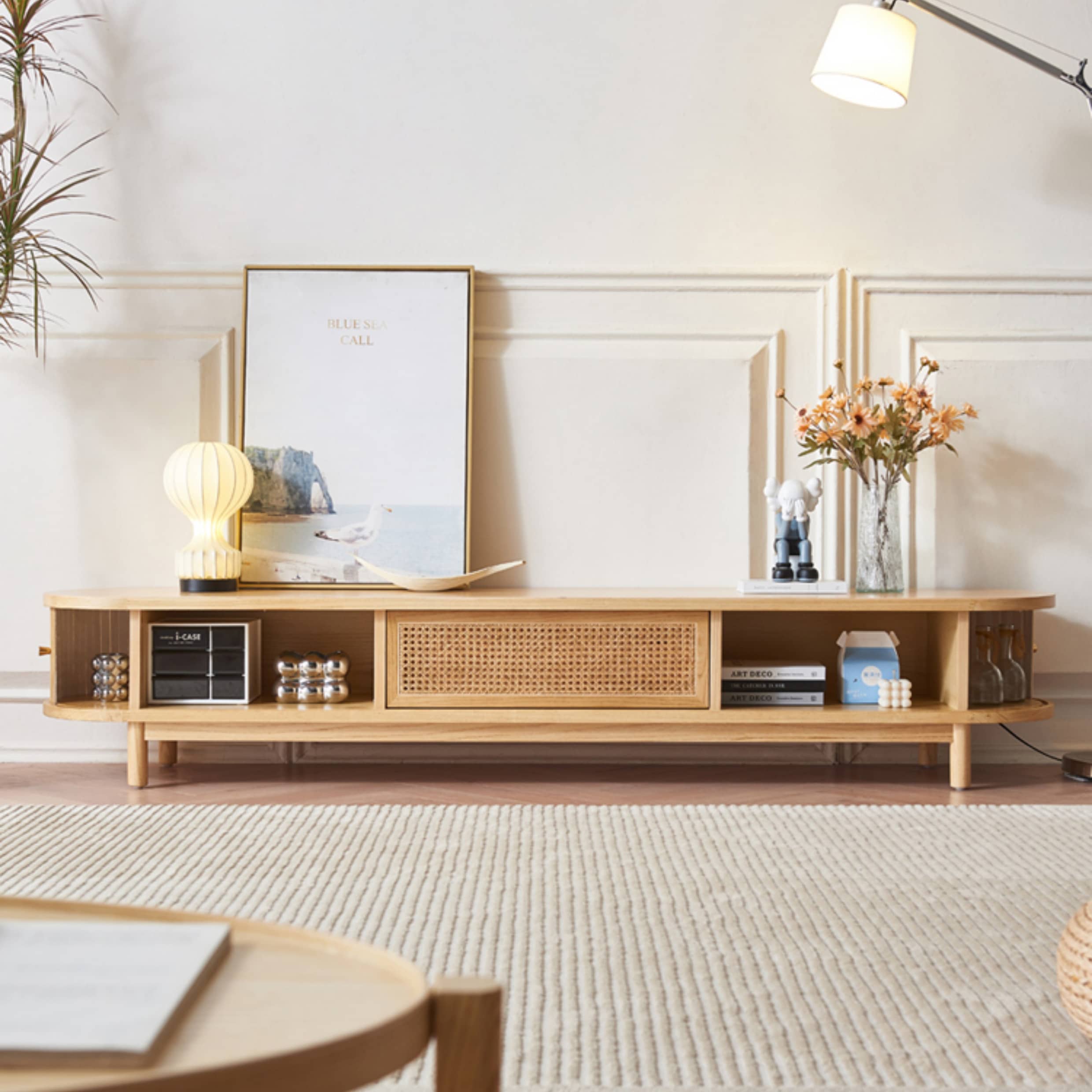 Elegant Dark Brown TV Cabinet with Rattan Panels and Stainless Steel Accents tzm-535