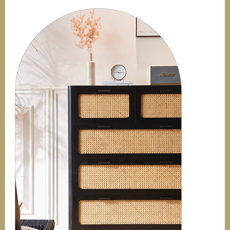 Sleek Black Ash Wood Cabinet with Natural Rattan Accents – Perfect Home Storage Solution tzm-536