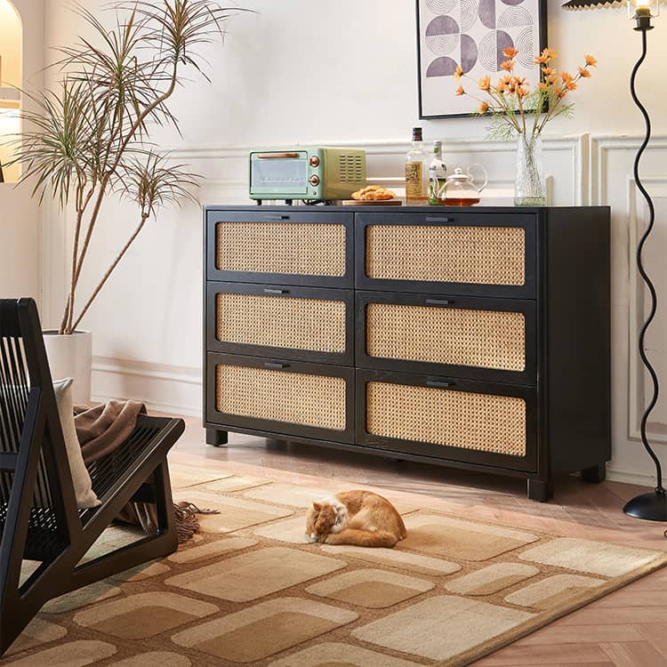 Sleek Black Ash Wood Cabinet with Natural Rattan Accents – Perfect Home Storage Solution tzm-536