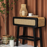 Stylish Black Solid Wood & Rattan Nightstand with Natural Finish tzm-537