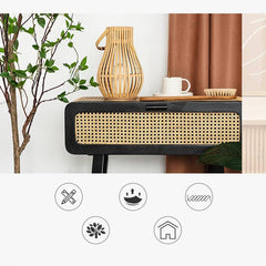 Stylish Black Solid Wood & Rattan Nightstand with Natural Finish tzm-537