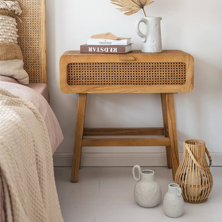 Stylish Black Solid Wood & Rattan Nightstand with Natural Finish tzm-537