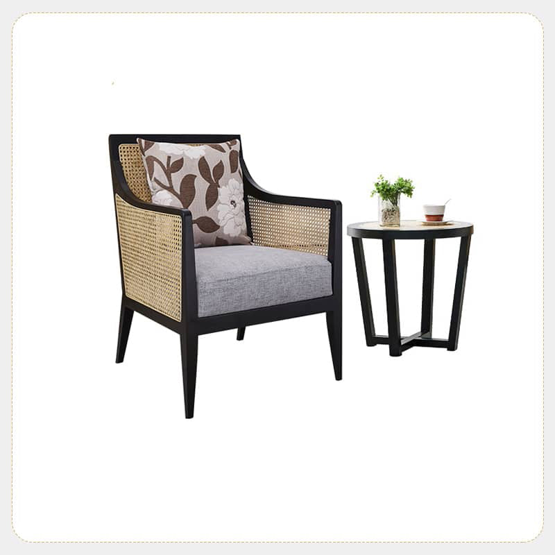 Modern Ash Wood Lounge Chair with Rattan Seat & Cotton-Ramie Upholstery tzm-541