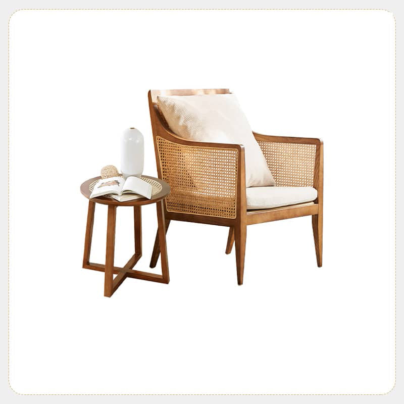 Modern Ash Wood Lounge Chair with Rattan Seat & Cotton-Ramie Upholstery tzm-541