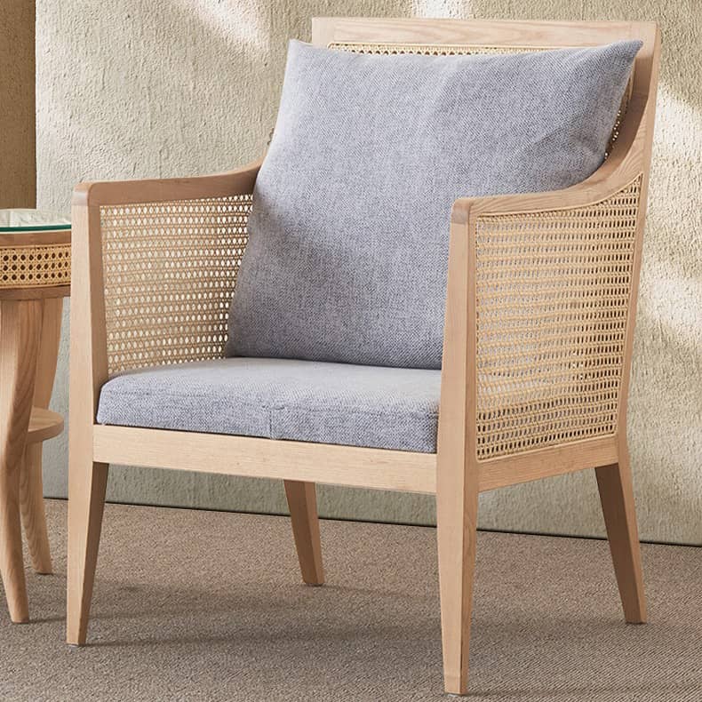 Modern Ash Wood Lounge Chair with Rattan Seat & Cotton-Ramie Upholstery tzm-541