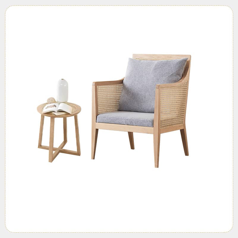 Modern Ash Wood Lounge Chair with Rattan Seat & Cotton-Ramie Upholstery tzm-541