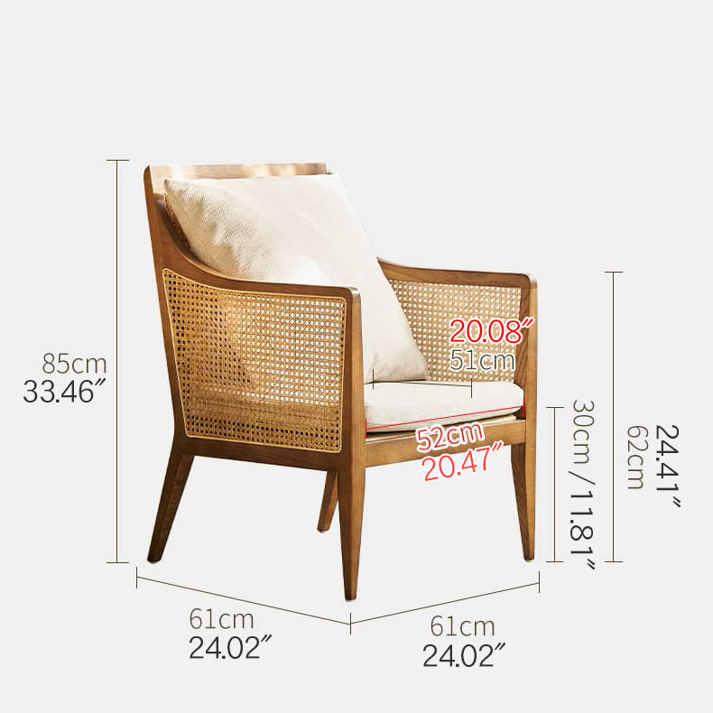 Modern Ash Wood Lounge Chair with Rattan Seat & Cotton-Ramie Upholstery tzm-541