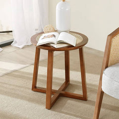 19.7'' Round Ash Wood End Table with Ratten Top - Modern for Livingroom tzm-542