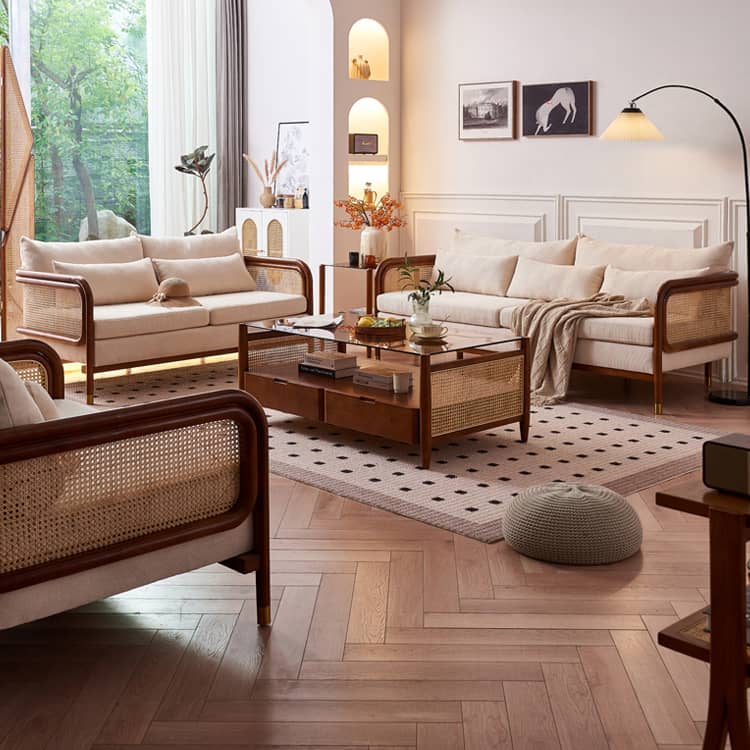 Luxurious Brown & Off-White Rattan Sofa with Ash Wood Frame and Silk Cotton-Ramie Fill tzm-543