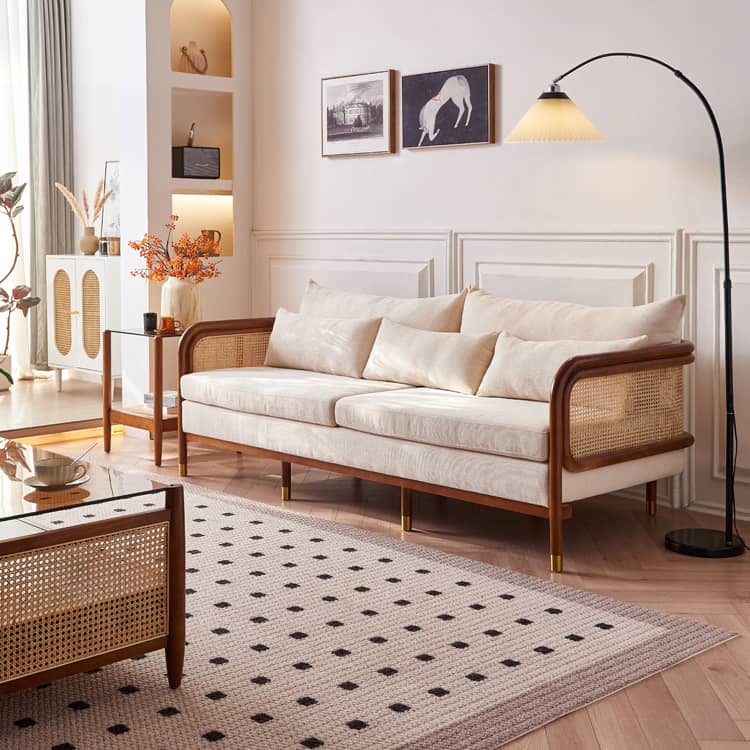 Luxurious Brown & Off-White Rattan Sofa with Ash Wood Frame and Silk Cotton-Ramie Fill tzm-543