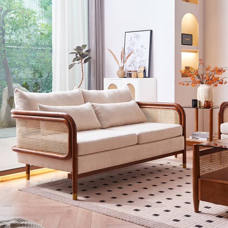 Luxurious Brown & Off-White Rattan Sofa with Ash Wood Frame and Silk Cotton-Ramie Fill tzm-543