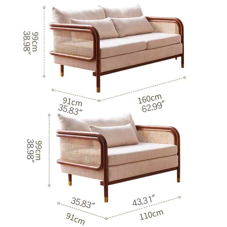 Luxurious Brown & Off-White Rattan Sofa with Ash Wood Frame and Silk Cotton-Ramie Fill tzm-543