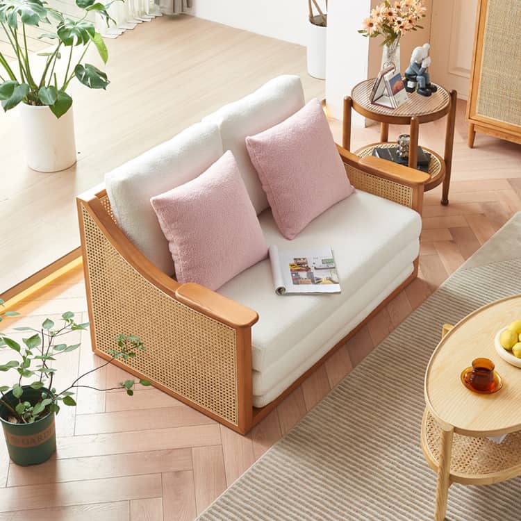 Elegant Off-White Faux Lambswool Sofa with Natural Rattan and Ash Wood Accents tzm-544