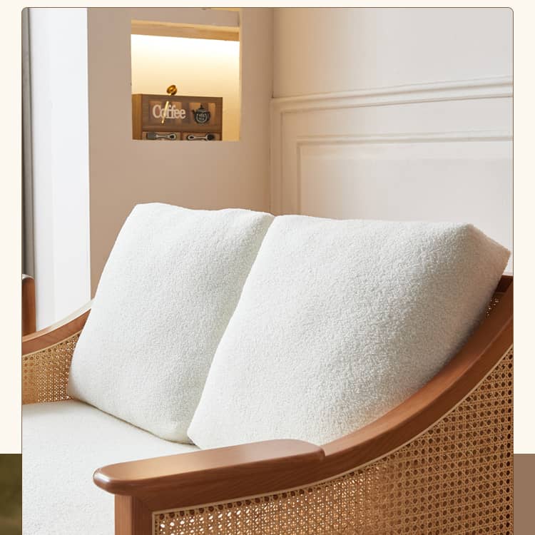 Elegant Off-White Faux Lambswool Sofa with Natural Rattan and Ash Wood Accents tzm-544