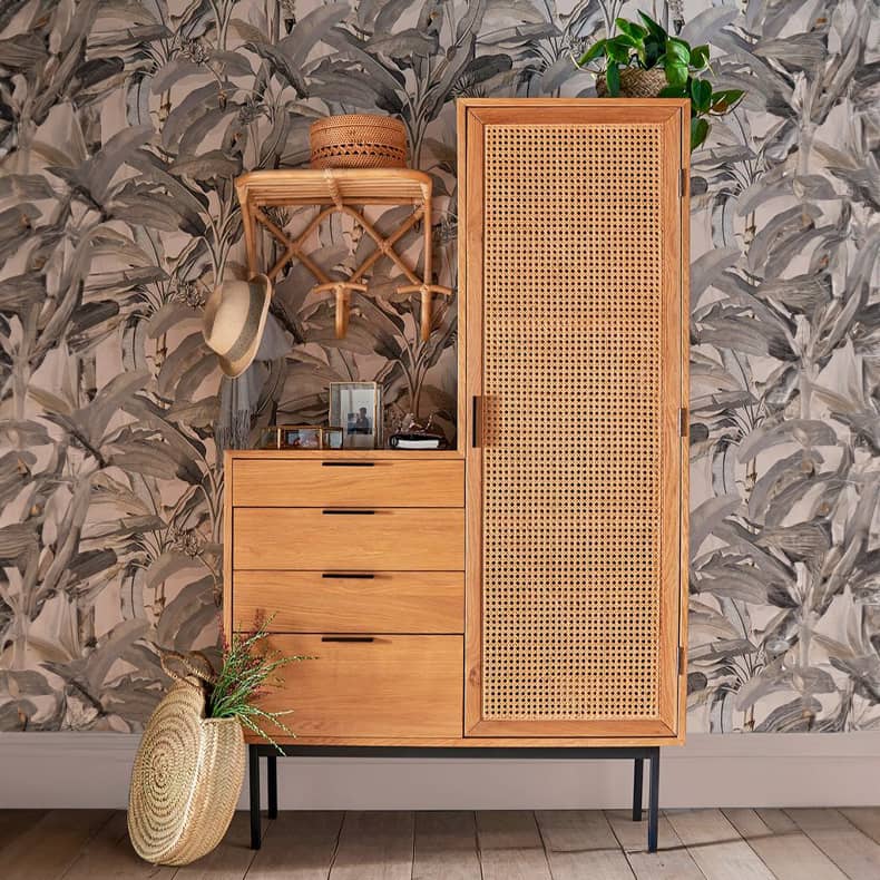 Stylish Natural Wood Cabinet with Rattan Accents and Ash Wood Detailing tzm-553