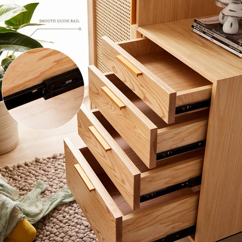 Stylish Natural Wood Cabinet with Rattan Accents and Ash Wood Detailing tzm-553