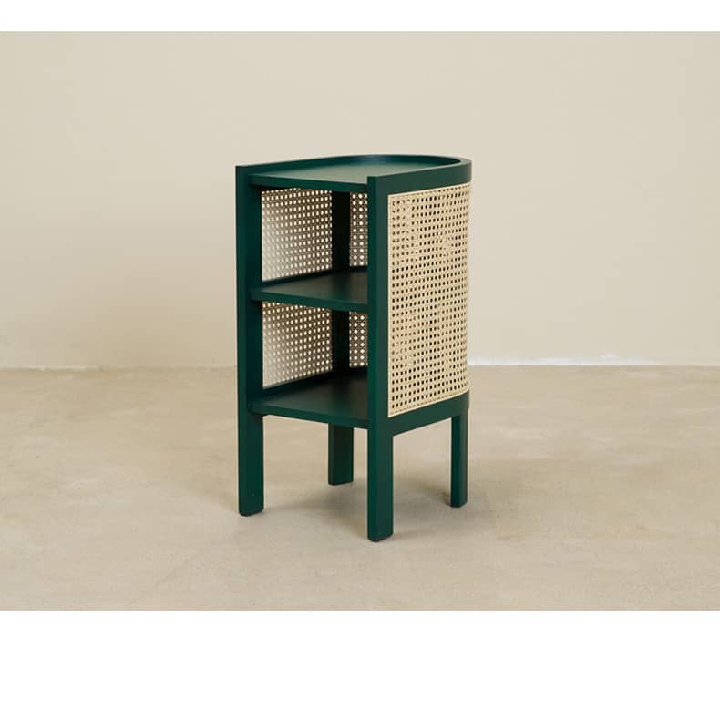 Stylish Nightstand with Natural Wood, Black and Green Rattan Accents - Oak Wood Finish tzm-554