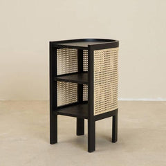 Stylish Nightstand with Natural Wood, Black and Green Rattan Accents - Oak Wood Finish tzm-554