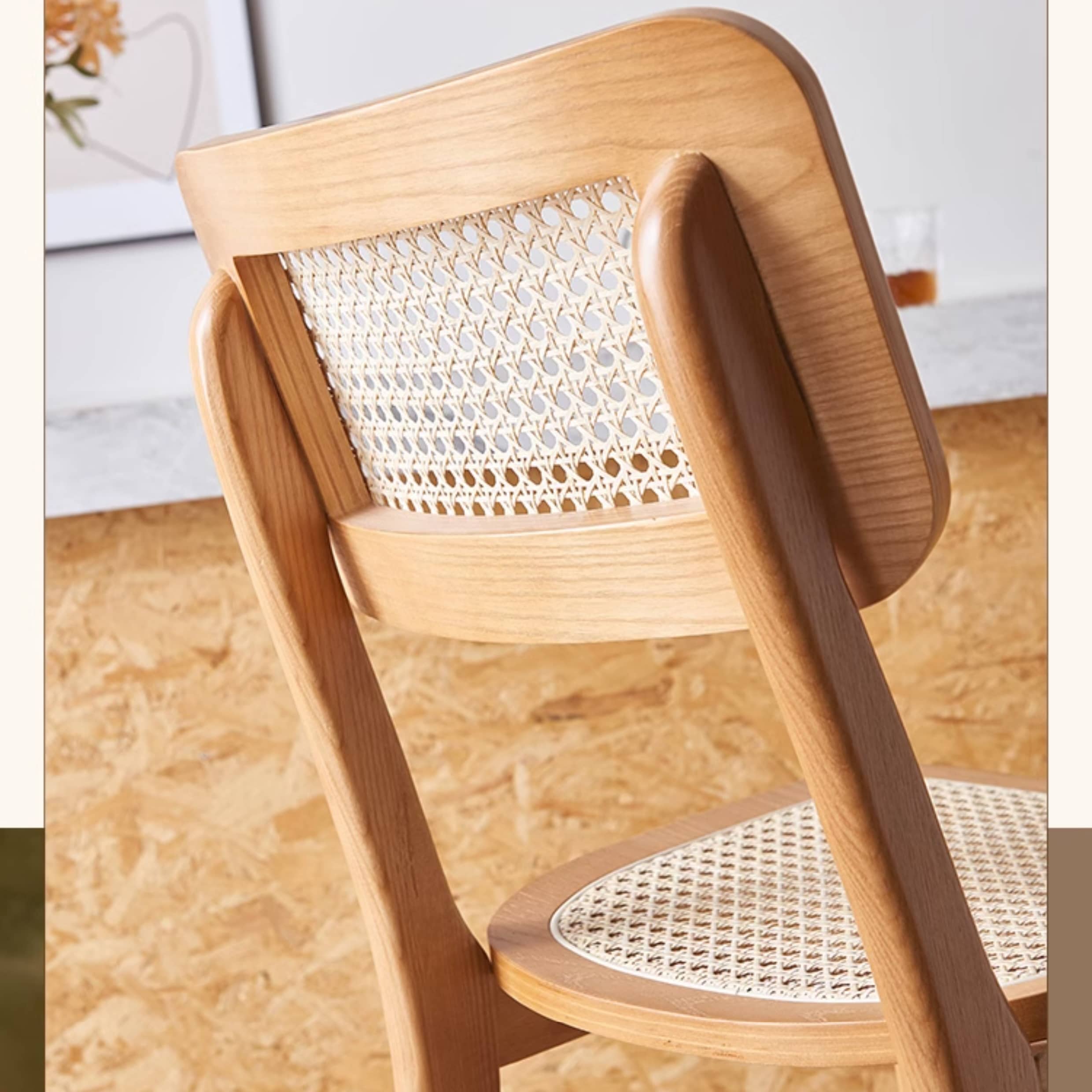 Stylish Light Brown Ash Wood Chair with Natural Rattan Detailing tzm-556