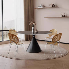 Minimalistic Round Metal Dining Table Sintered Stone Top & Metal Pedestal for 6  yw-170