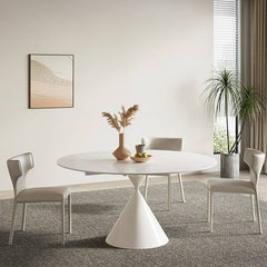 Minimalistic Round Metal Dining Table Sintered Stone Top & Metal Pedestal for 6  yw-170