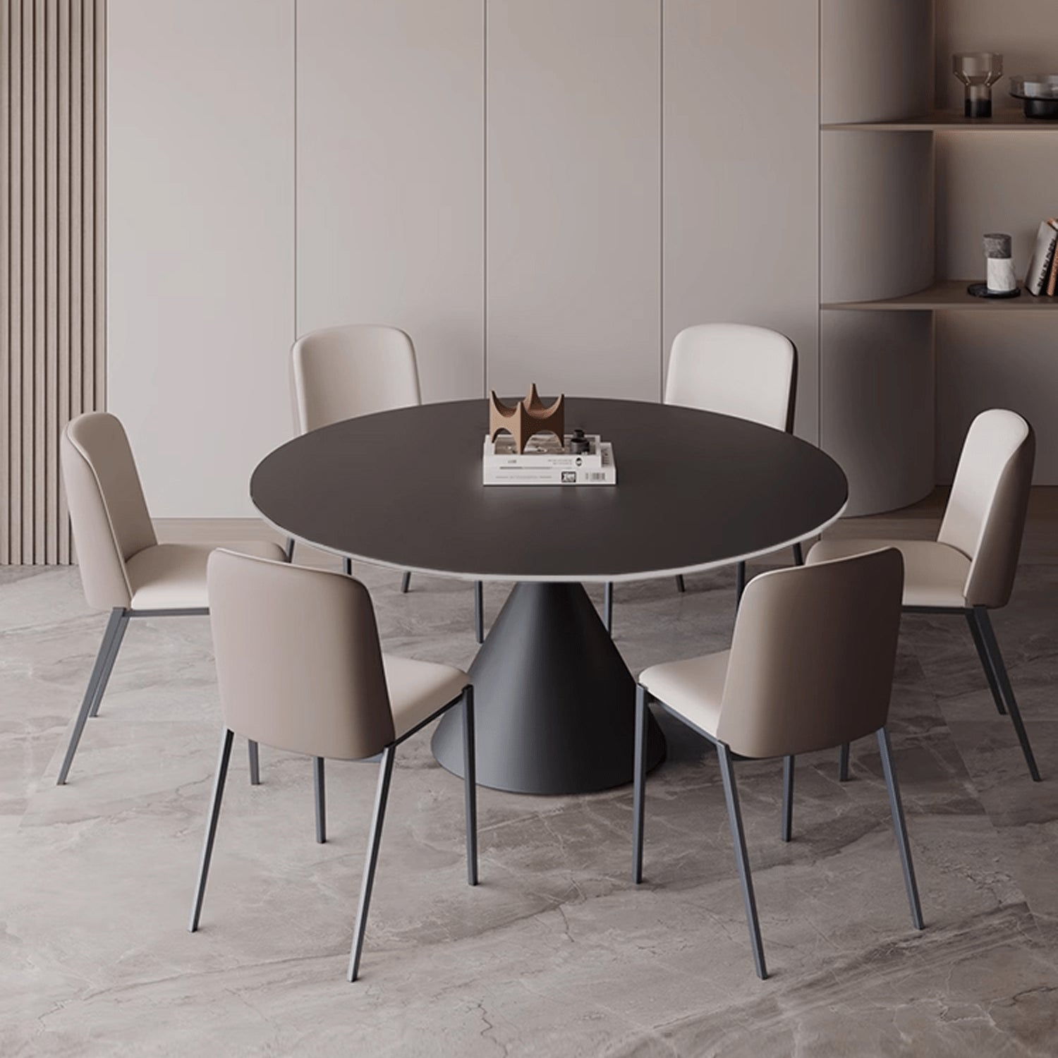 Minimalistic Round Metal Dining Table Sintered Stone Top & Metal Pedestal for 6  yw-170